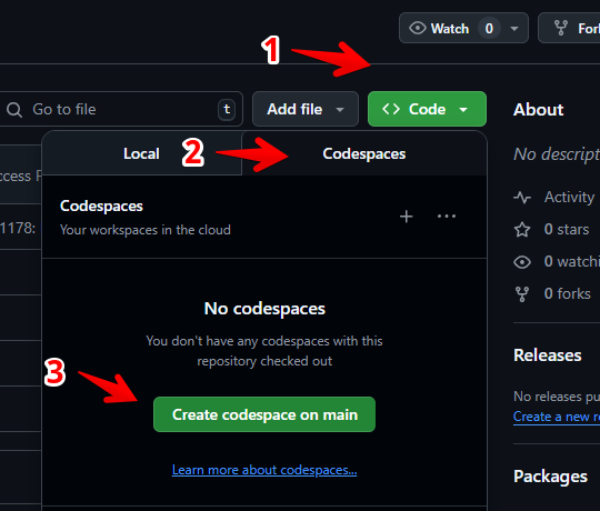 GitHub Codespaces creation interface